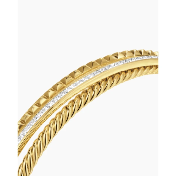 David Yurman Crossover Trio Three Row Cuff Bracelet in 18K Yellow Gold with Diamonds, 11mm, view 5