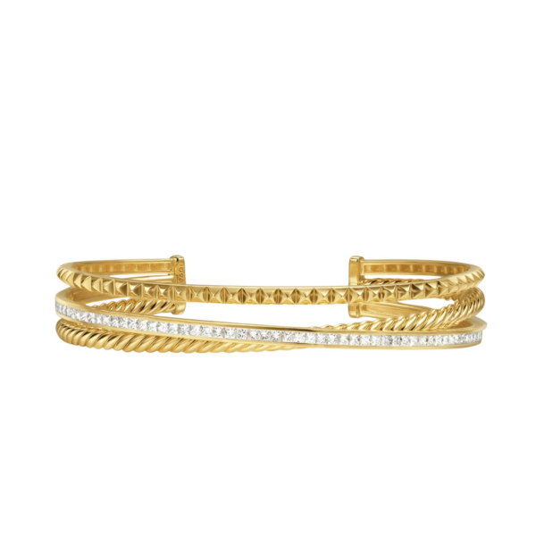 David Yurman Crossover Trio Three Row Cuff Bracelet in 18K Yellow Gold with Diamonds