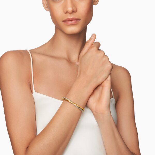 5mm in Gold – front view of authentic Cuff Bracelets at Coveti|David Yurman Crossover Two Row Cuff Bracelet in Sterling Silver with 18K Yellow Gold