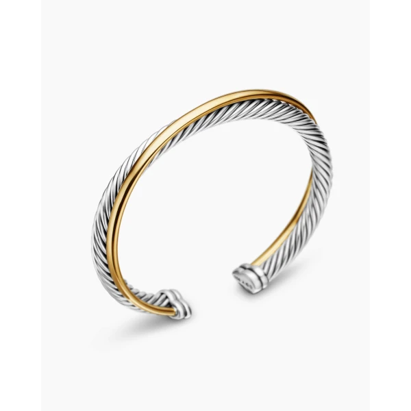 David Yurman Crossover Two Row Cuff Bracelet in Sterling Silver with 18K Yellow Gold, 5mm, view 3
