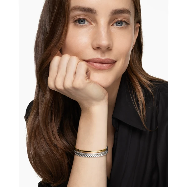 David Yurman DY Mercer® Three Row Cuff Bracelet in Sterling Silver with 18K Yellow Gold and Diamonds, 10.4mm, view 2