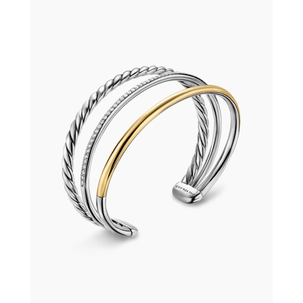 David Yurman DY Mercer® Three Row Cuff Bracelet in Sterling Silver with 18K Yellow Gold and Diamonds, 10.4mm, view 3