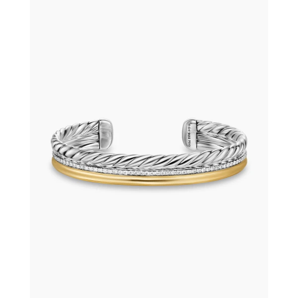David Yurman DY Mercer® Three Row Cuff Bracelet in Sterling Silver with 18K Yellow Gold and Diamonds, 10.4mm, view 4