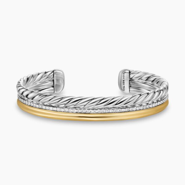 on-model styling shot|David Yurman DY Mercer® Three Row Cuff Bracelet in Sterling Silver with 18K Yellow Gold and Diamonds
