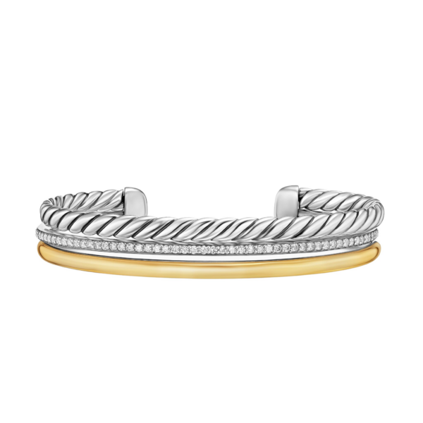 David Yurman DY Mercer® Three Row Cuff Bracelet in Sterling Silver with 18K Yellow Gold and Diamonds