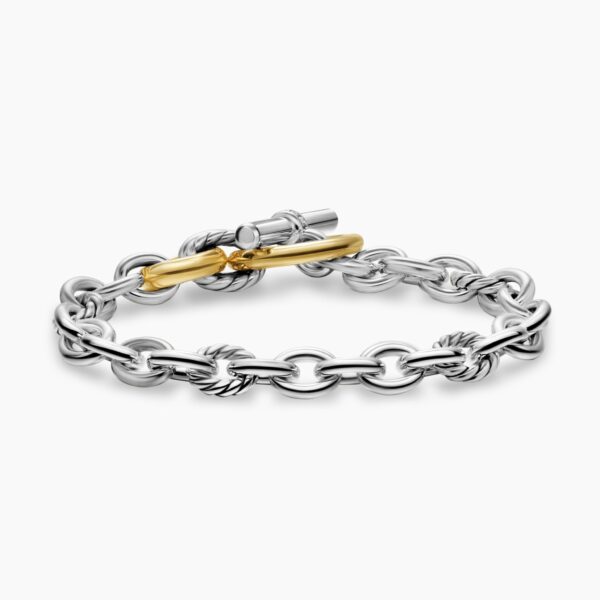 on-model styling shot|David Yurman DY Mercer® Toggle Chain Bracelet in Sterling Silver with 18K Yellow Gold and Diamonds