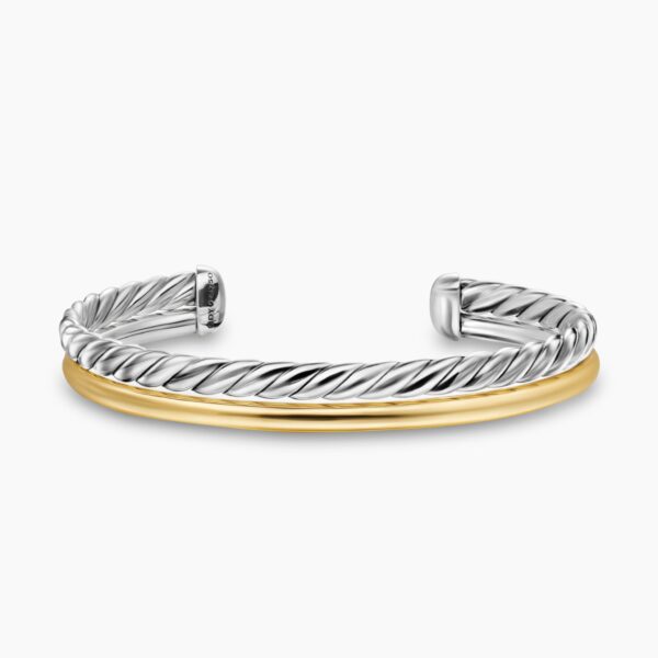 on-model styling shot|David Yurman DY Mercer® Two Row Cuff Bracelet in Sterling Silver with 18K Yellow Gold