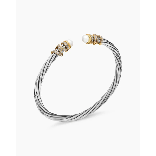 David Yurman Helena Bracelet in Sterling Silver with 18K Yellow Gold, Pearls and Diamonds, 4mm, view 3