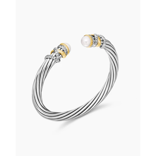 David Yurman Helena Bracelet in Sterling Silver with 18K Yellow Gold, Pearls and Diamonds, 6mm, view 3