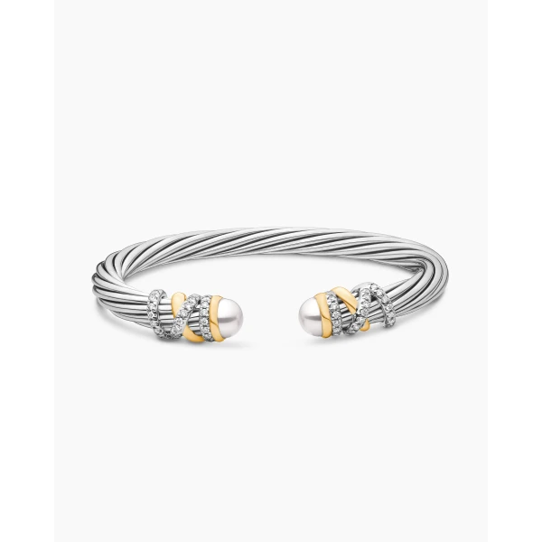David Yurman Helena Bracelet in Sterling Silver with 18K Yellow Gold, Pearls and Diamonds, 6mm, view 4