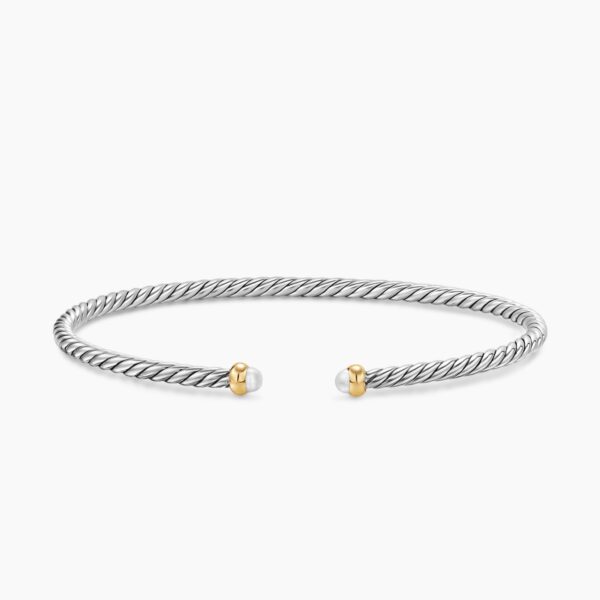 on-model styling shot|David Yurman Micro Cable Flex® Bracelet in Sterling Silver with 14K Yellow Gold and Pearls