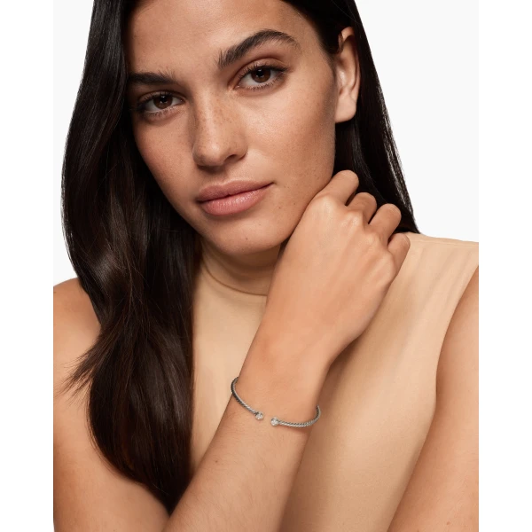 David Yurman Micro Cable Flex® Round Bracelet in Sterling Silver with Diamonds, 2.6mm, view 2