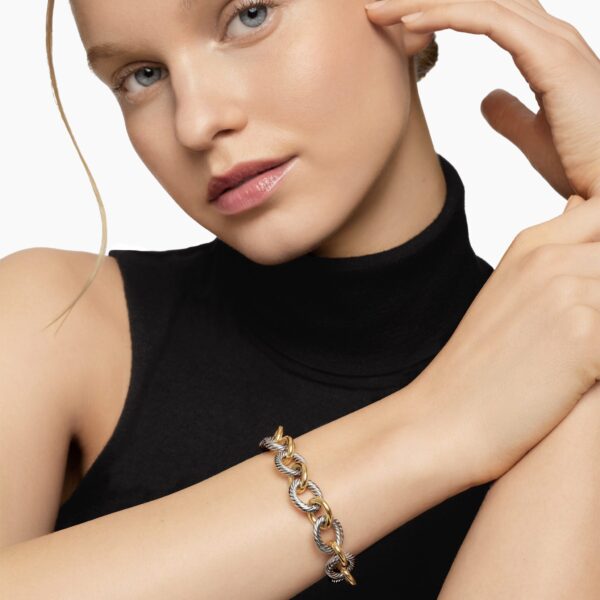12mm in Gold – clasp and closure mechanism detail|David Yurman Oval Link Chain Bracelet in Sterling Silver with 18K Yellow Gold