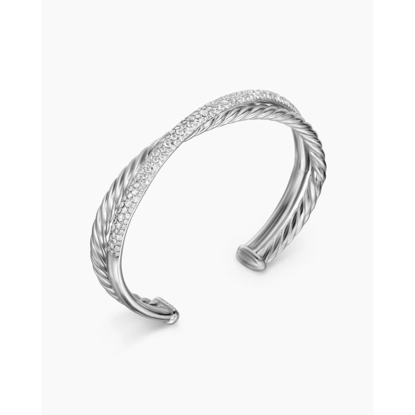 David Yurman Pavé Crossover Two Row Cuff Bracelet in Sterling Silver with Diamonds, 10.7mm, view 3