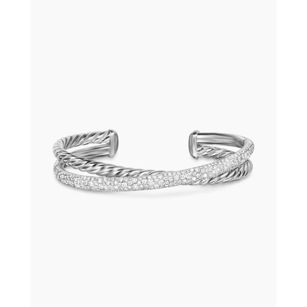 David Yurman Pavé Crossover Two Row Cuff Bracelet in Sterling Silver with Diamonds, 10.7mm, view 4