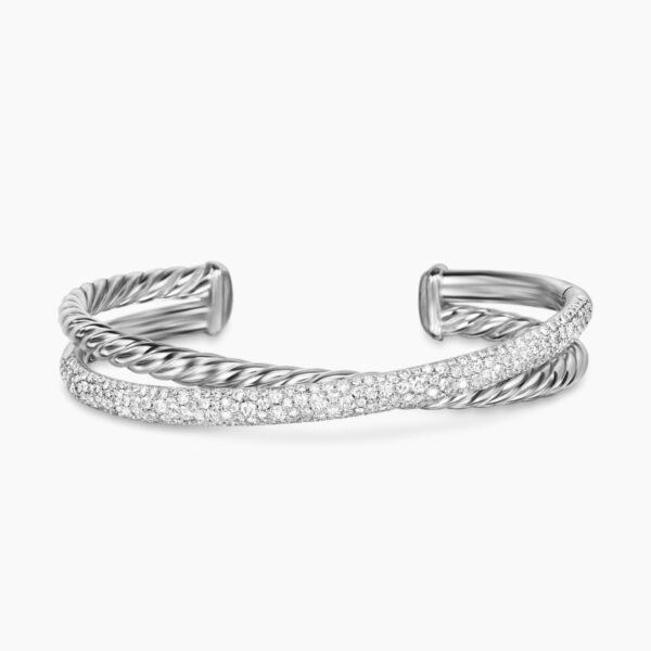 on-model styling shot|David Yurman Pavé Crossover Two Row Cuff Bracelet in Sterling Silver with Diamonds