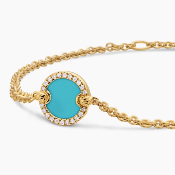 11mm – pavé setting and gemstone detail close-up|David Yurman Petite DY Elements® Center Station Chain Bracelet in 18K Yellow Gold with Turquoise and Diamonds