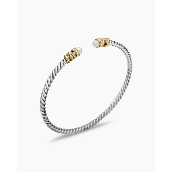David Yurman Petite Helena Classic Cable Bracelet in Sterling Silver with 18K Yellow Gold, Pearls and Diamonds, 3mm, view 3