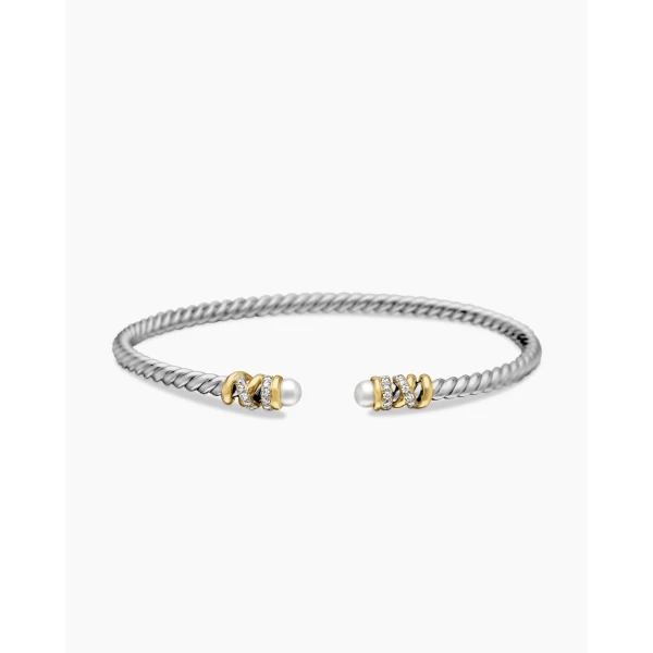 David Yurman Petite Helena Classic Cable Bracelet in Sterling Silver with 18K Yellow Gold, Pearls and Diamonds, 3mm, view 4