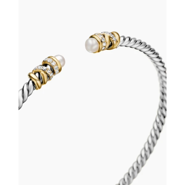David Yurman Petite Helena Classic Cable Bracelet in Sterling Silver with 18K Yellow Gold, Pearls and Diamonds, 3mm, view 5