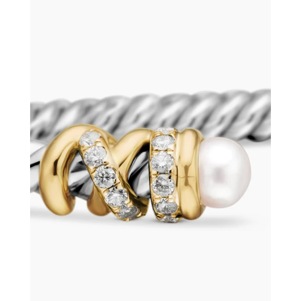 David Yurman Petite Helena Classic Cable Bracelet in Sterling Silver with 18K Yellow Gold, Pearls and Diamonds, 3mm, view 6