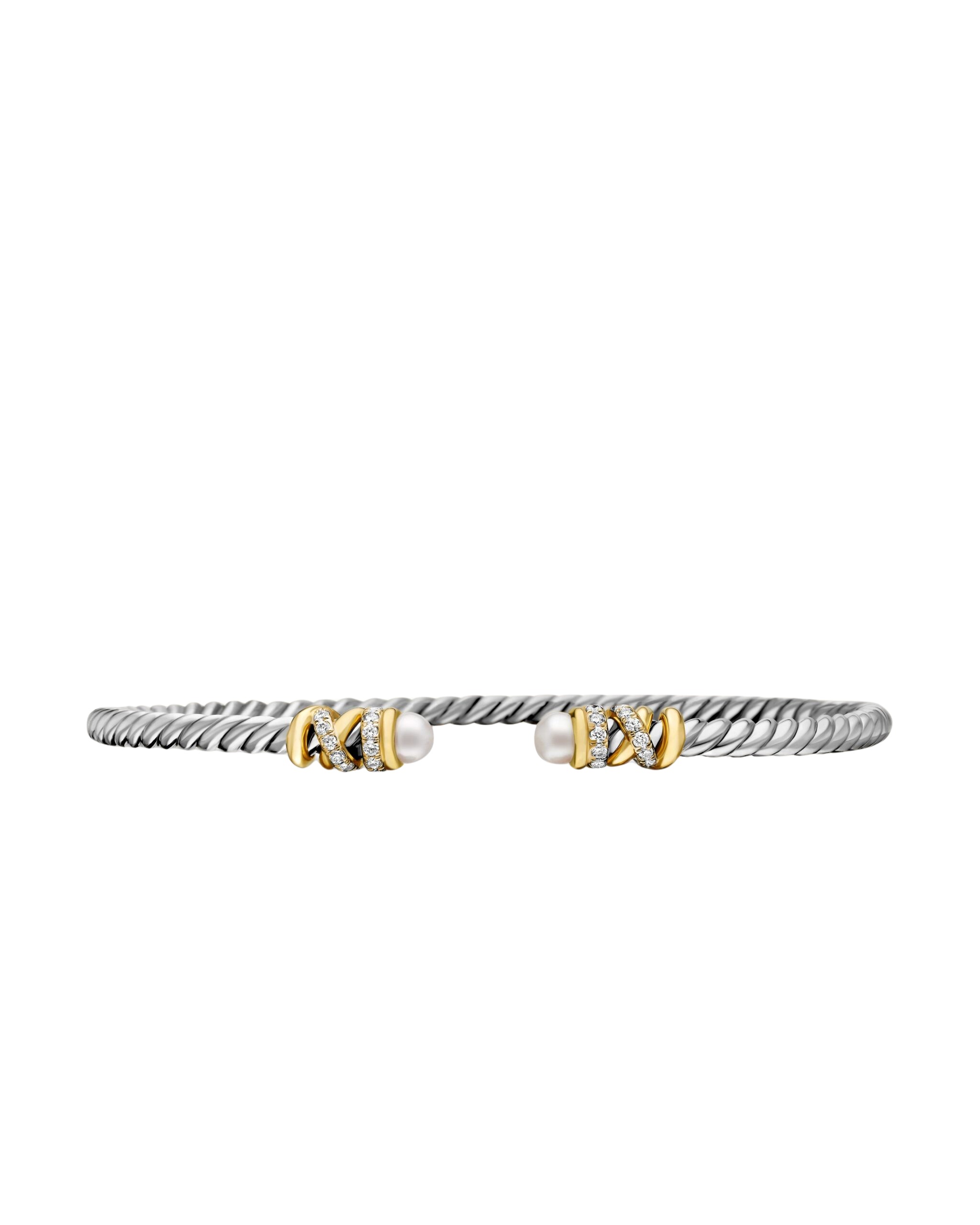 David Yurman Petite Helena Classic Cable Bracelet in Sterling Silver with 18K Yellow Gold, Pearls and Diamonds, 3mm