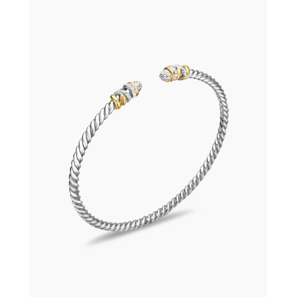 David Yurman Petite Helena Classic Cable Bracelet in Sterling Silver with 18K Yellow Gold and Diamonds, 3mm, view 3
