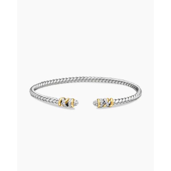 David Yurman Petite Helena Classic Cable Bracelet in Sterling Silver with 18K Yellow Gold and Diamonds, 3mm, view 4