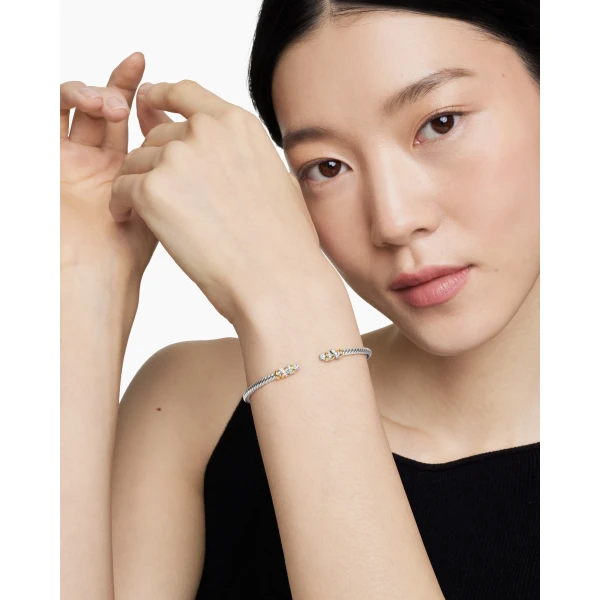 David Yurman Petite Helena Classic Cable Bracelet in Sterling Silver with 18K Yellow Gold and Diamonds, 3mm, view 7