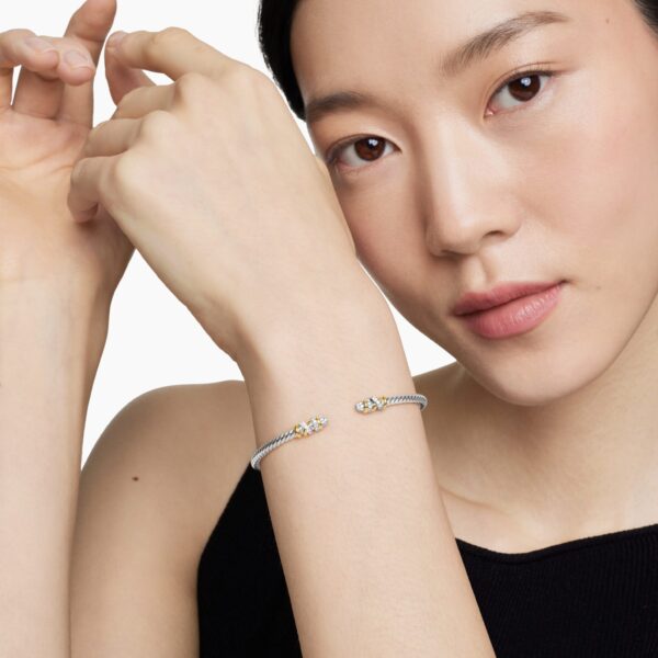 3mm – pavé setting and gemstone detail close-up|David Yurman Petite Helena Classic Cable Bracelet in Sterling Silver with 18K Yellow Gold and Diamonds