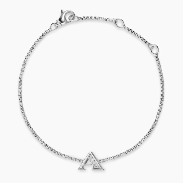 on-model styling shot|David Yurman Petite Initial Chain Bracelet in Sterling Silver with Diamond A – Cable motif close-up