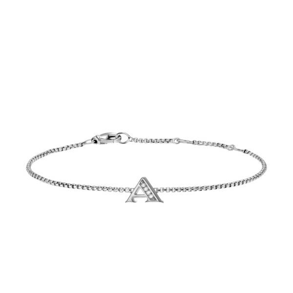 David Yurman Petite Initial Chain Bracelet in Sterling Silver with Diamond A in Silver – front view of authentic Chain Bracelets at Coveti|David Yurman Petite Initial Chain Bracelet in Sterling Silver with Diamond A Silver – worn on the wrist