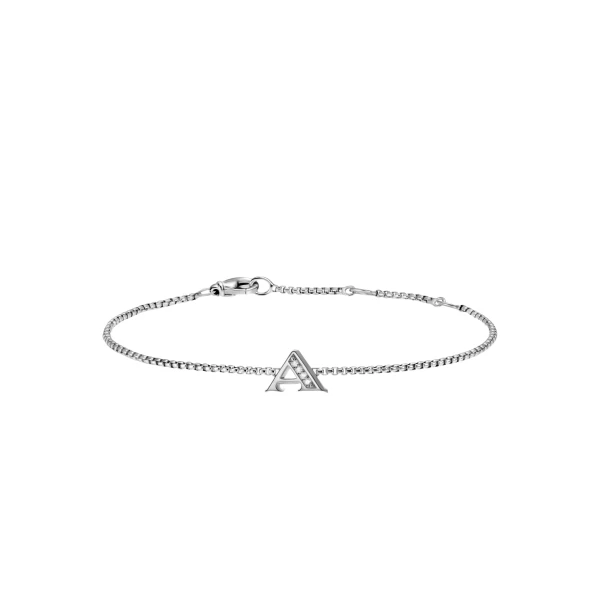David Yurman Petite Initial Chain Bracelet in Sterling Silver with Diamond A in Silver – front view of authentic Chain Bracelets at Coveti|David Yurman Petite Initial Chain Bracelet in Sterling Silver with Diamond A Silver – worn on the wrist
