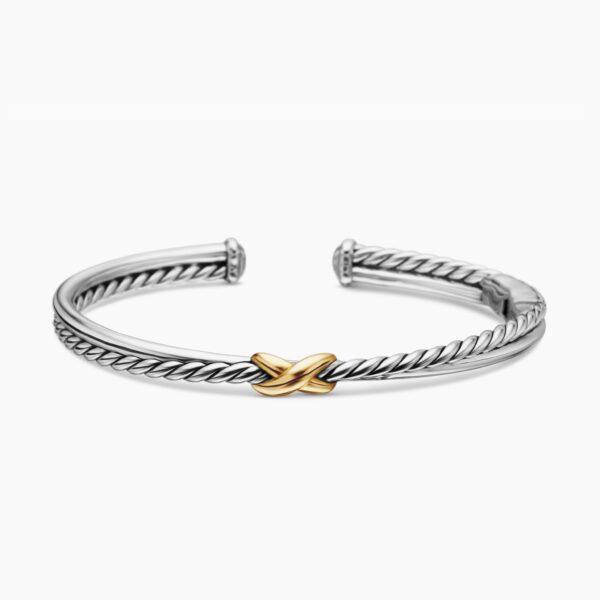 on-model styling shot|David Yurman Petite X Center Station Bracelet in Sterling Silver with 18K Yellow Gold