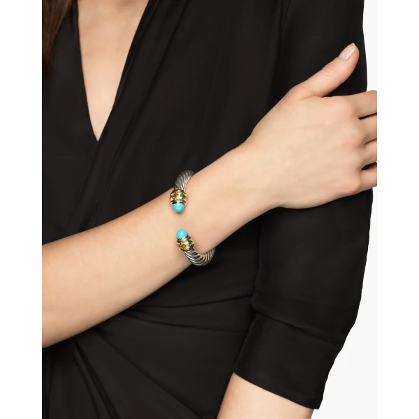 David Yurman Renaissance® Cable Flex® Bracelet in Sterling Silver with 14K Yellow Gold, Turquoise, Madeira Citrine and Tsavorites, 9mm, view 2