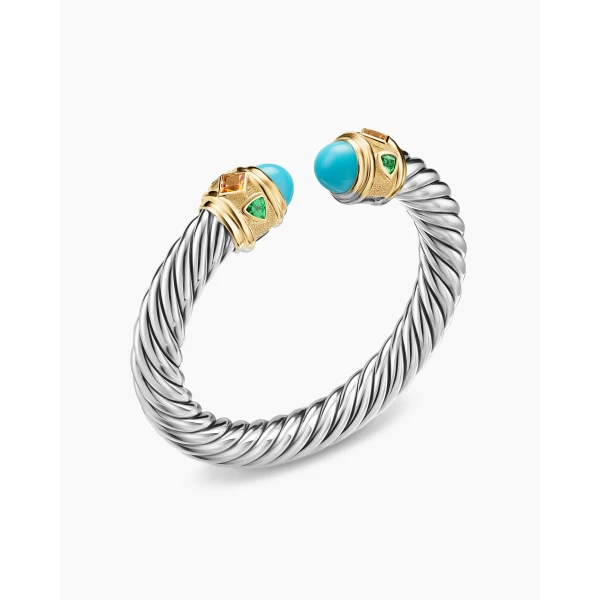 David Yurman Renaissance® Cable Flex® Bracelet in Sterling Silver with 14K Yellow Gold, Turquoise, Madeira Citrine and Tsavorites, 9mm, view 3