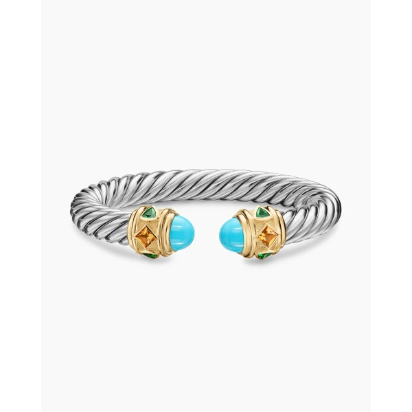David Yurman Renaissance® Cable Flex® Bracelet in Sterling Silver with 14K Yellow Gold, Turquoise, Madeira Citrine and Tsavorites, 9mm, view 4
