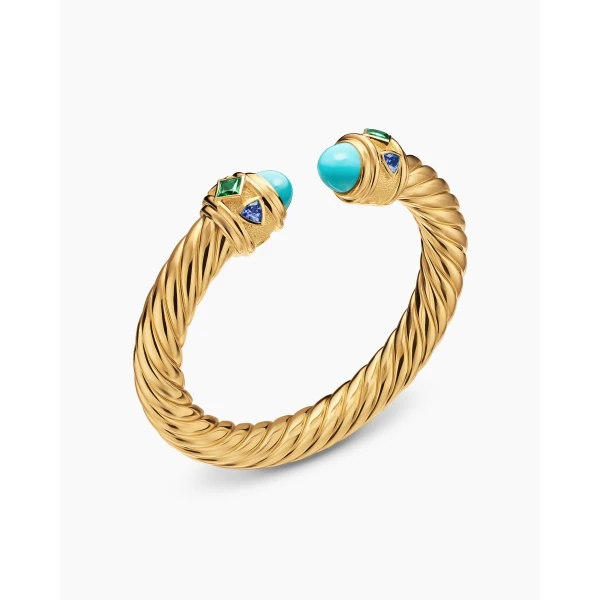 David Yurman Renaissance® Cablespira® Bracelet in 18K Yellow Gold with Turquoise, Tsavorite and Tanzanite, 9mm, view 3