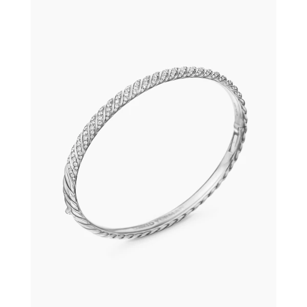 David Yurman Sculpted Cable Bangle Bracelet in 18K White Gold with Diamonds, 4.6mm, view 3