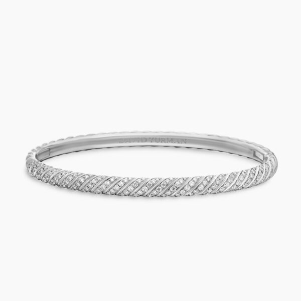 on-model styling shot|David Yurman Sculpted Cable Bangle Bracelet in 18K White Gold with Diamonds