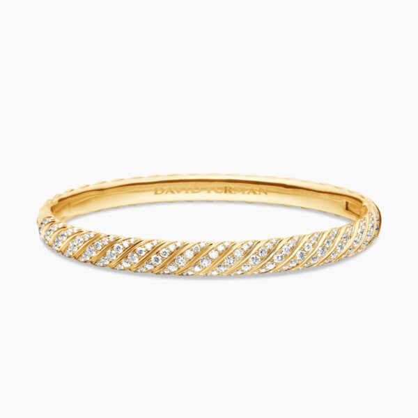 on-model styling shot|David Yurman Sculpted Cable Bangle Bracelet in 18K Yellow Gold with Diamonds