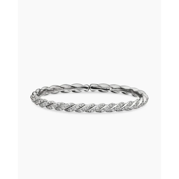 David Yurman Sculpted Cable Flex Bracelet in 18K White Gold with Diamonds, 5mm, view 4