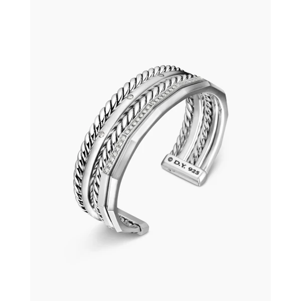 David Yurman Stax Five Row Cuff Bracelet in Sterling Silver with Diamonds, 16mm, view 3