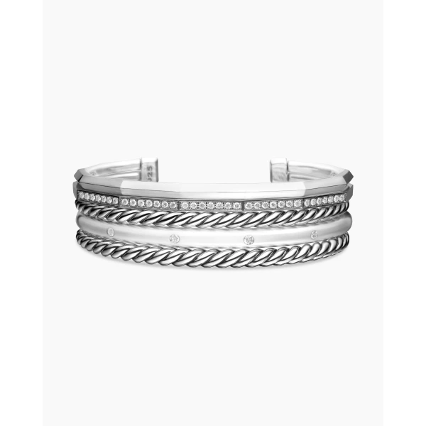 David Yurman Stax Five Row Cuff Bracelet in Sterling Silver with Diamonds, 16mm, view 4