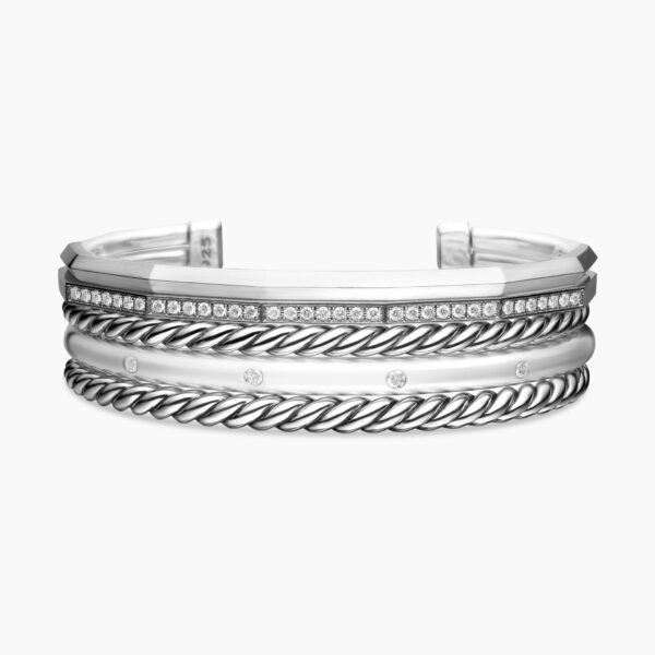 on-model styling shot|David Yurman Stax Five Row Cuff Bracelet in Sterling Silver with Diamonds
