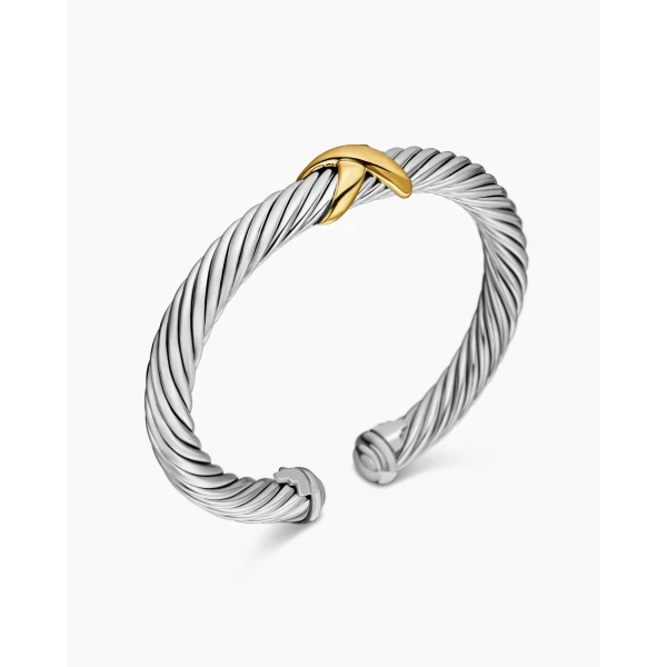 David Yurman X Classic Cable Station Bracelet in Sterling Silver with 14K Yellow Gold, 7mm, view 3
