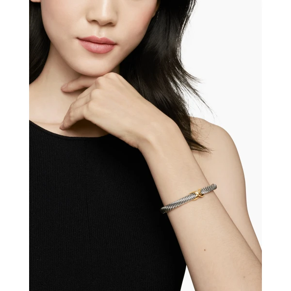 David Yurman X Classic Cable Station Bracelet in Sterling Silver with 14K Yellow Gold, 7mm, view 6