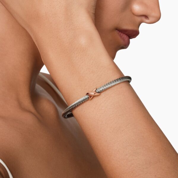 4mm – pavé setting and gemstone detail close-up|David Yurman X Classic Cable Station Bracelet in Sterling Silver with 18K Rose Gold