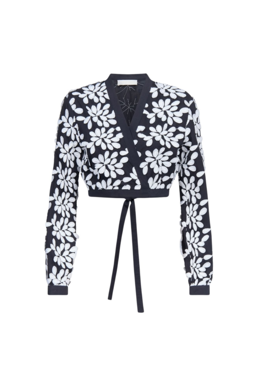 Destree Black And White Embroided Bow-Tie Cropped Shirt