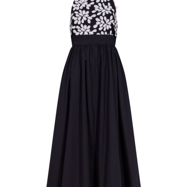 Destree Black Cotton Midi Dress With Embroidered Floral Halter Bodice - Destree - Graphic Parisian Fashion - Shop at Coveti